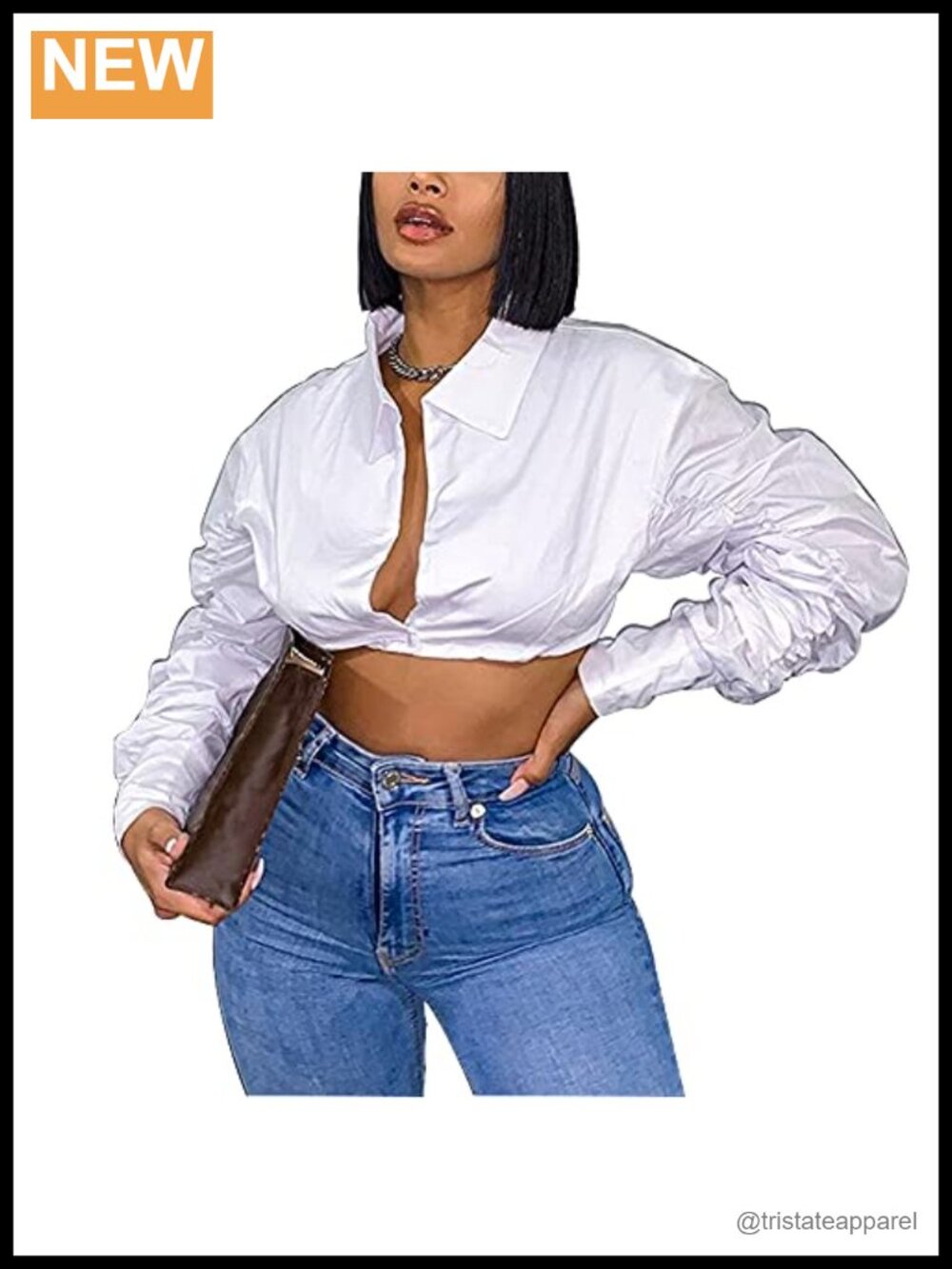Women's Cotton Puff Sleeve Crop Blouse Deep V Neck Button Shirt